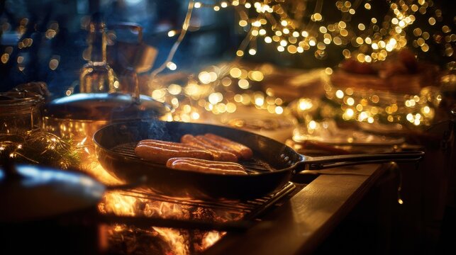 cooking sausages over a crackling fire surrounded by twinkling lights and holiday accents setting a festive and inviting ambiance for a winter celebration
