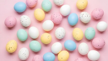 Colorful easter eggs on pastel pink background