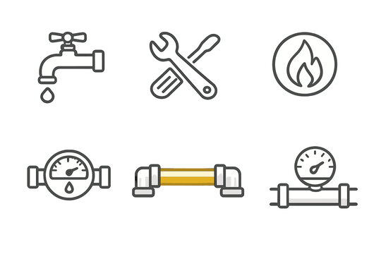 Plumbing and utilities icons on a dark background