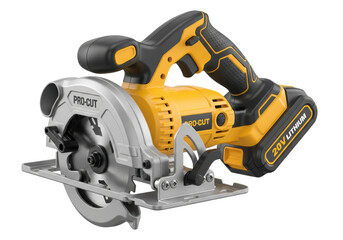 Fototapeta premium close-up of a photorealistic, safety yellow cordless circular saw (pro-cut, 20v lithium) against a sterile white background, highlighting material textures and precision engineering. concept for