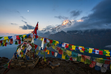 Buddhist Player Flags in the himalayas. Scene of Upper view point in Mardi Himal trek in Annapurna region of Nepal. © Gaurav Aryal
