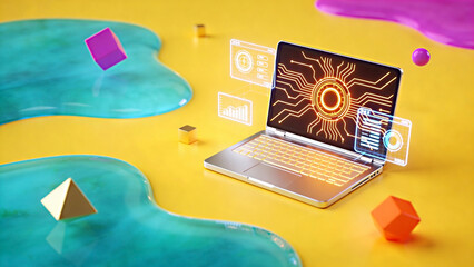 Vibrant surreal 3D render of a laptop displaying glowing AI neural network circuits, surrounded by floating holographic data dashboards and colorful geometric shapes on a bright yellow background