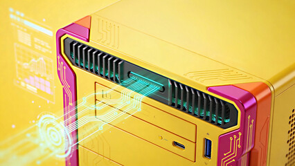 A vibrant yellow futuristic PC case with glowing cyan ports, circuit patterns, and holographic data streams emanating from it, cyberpunk-inspired design