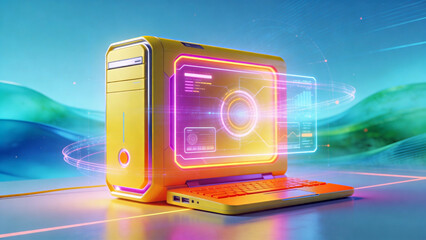 A vibrant yellow futuristic hybrid laptop-desktop computer with glowing neon edges projects holographic data dashboards in a sci-fi landscape