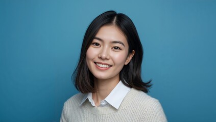 Smiling Woman With Dark Hair in a Light Sweater Against a Blue Background