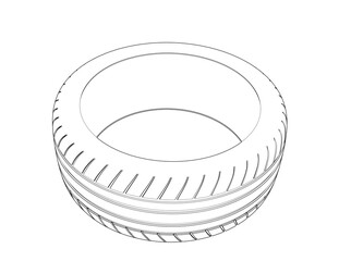 High-Detail Technical Blueprint Drawing: Monochrome Wireframe Model Outline Illustration of Car Tire Tread Pattern for Automotive Engineering Schematic, Mechanic Service and Industrial Design Projects