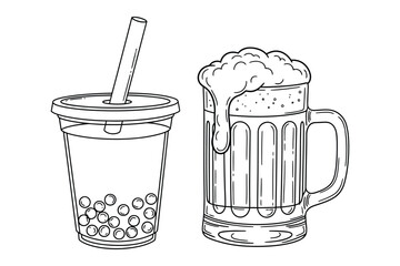 Bubble tea and beer mug line art illustration of popular drinks