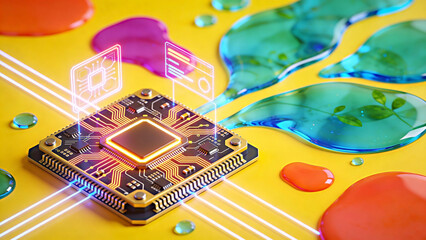 Fusion of technology and nature, a glowing CPU chip on a circuit board connected by light beams to holographic displays, surrounded by colorful liquid blobs and green leaves on a yellow backdrop