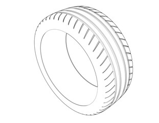 High-Detail Technical Blueprint Drawing: Monochrome Wireframe Model Outline Illustration of Car Tire Tread Pattern for Automotive Engineering Schematic, Mechanic Service and Industrial Design Projects