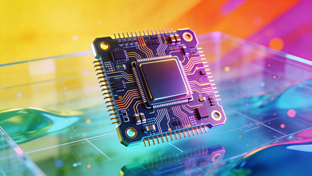 A vibrant, futuristic 3D rendering of a microcontroller circuit board with a central chip, glowing neon traces, and colorful bokeh reflections on a glossy surface
