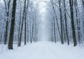 Fototapeta premium A serene winter forest scene during a gentle, persistent snowfall, capturing the cold beauty and stillness of the frozen wilderness area ,weather ,peaceful ,flake