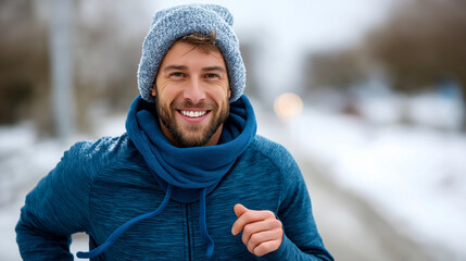 Man jogging in winter outdoors, fitness health awareness activity, cold weather exercise, wellness promotions display, athletic training moment, defocused snowy background, with co