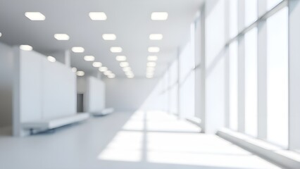 Modern office corridor with large windows and fluorescent lighting
