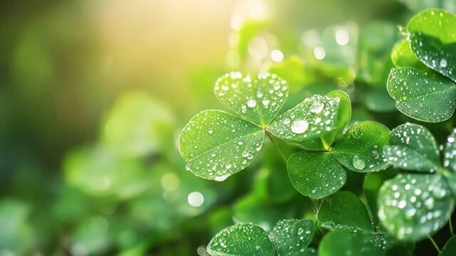 Green shamrock leaves with water drops under sunlight nature background