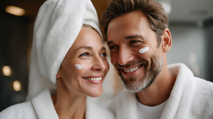 Cream skincare laughing couple bathroom, beauty morning routine cosmetics, bonding hotel resort cleaning, grooming spa glow self-care, relationship wellness moment, with copy space