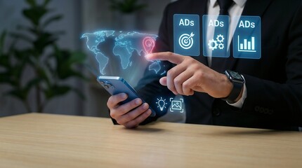Digital advertising concept mobile marketing and global business strategy, Businessman using smartphone and touching virtual world map with ads interface.