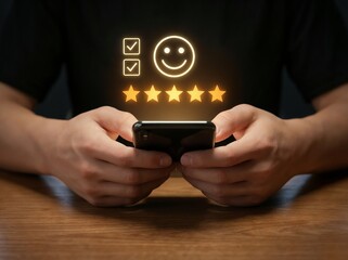 Customer satisfaction concept service evaluation and five star rating, Man using smartphone with virtual happy smiley face and quality feedback symbol.