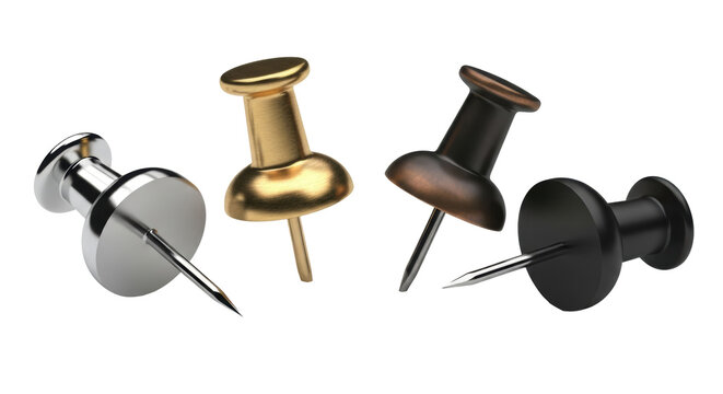 macro shot of four sharp metal pushpins (chrome, gold, bronze, matte black) angled on pure white copy space, detailed cgi visualization with precise studio lighting, high quality stationery concept