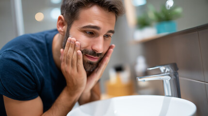 Man washing face in sink, bathroom hygiene routine cleansing, facial care activity, morning grooming practice, self-care wellness moment, with copy space