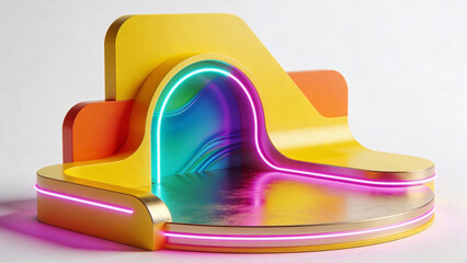 A vibrant 3D abstract sculpture featuring curved yellow and orange platforms with a neon-lit rainbow gradient arch and reflective surfaces