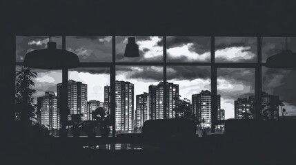 urban skyline silhouette under stormy sky seen from indoor room at night