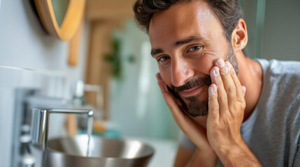 Man washing face in sink, bathroom hygiene routine cleansing, facial care activity, morning grooming practice, self-care wellness moment, with copy space