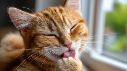 Cute ginger cat licking cleaning, paw pet grooming hygiene, concept animal self-care display, feline wellness behavior moment, natural grooming activity, with copy space