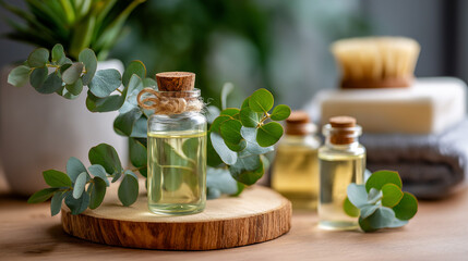 Embrace tranquility discover power, eucalyptus oil leaves eco-friendly, spa products wellness journey, natural self-care essentials aromatherapy, holistic treatment display, with c