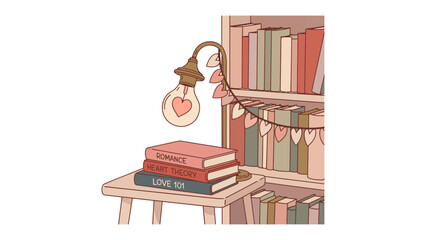 Cozy Library Corner: A stack of romance books sits on a stool, illuminated by a heart-shaped light against a backdrop of a bookshelf. © FARHANA