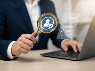 Human resources recruitment concept talent acquisition hiring process digital verification, Businessman holding magnifying glass with selected candidate icon and virtual checklist analysis