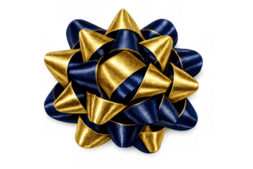 Gold and navy blue gift bow, made from smooth satin ribbon, for celebrating holidays, birthdays, and special occasions, transparent background