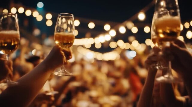 Celebration with champagne flutes raised in a toast. People are blurry in the background at night, lit by string lights