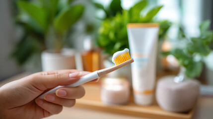Hand holding toothbrush with toothpaste, daily morning dental care, routine oral hygiene preparing, teeth cleaning activity, bathroom wellness moment, with copy space
