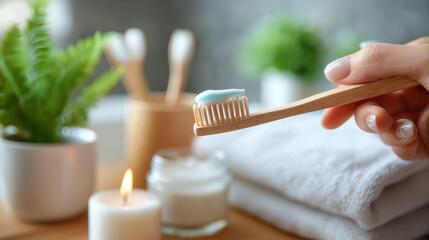 Hand holding toothbrush with toothpaste, daily morning dental care, routine oral hygiene preparing, teeth cleaning activity, bathroom wellness moment, with copy space