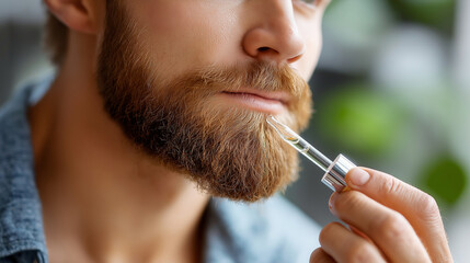 Man applying beard oil dropper, hand grooming routine activity, facial hair care treatment, men's personal hygiene, skincare application moment, defocused background, with copy spa