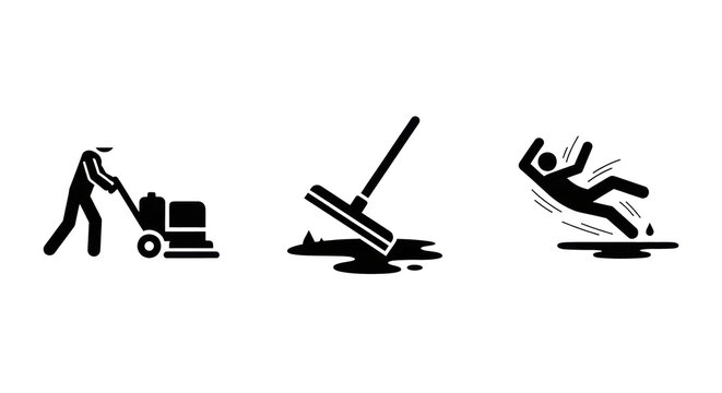 a horizontal set of three black vector safety pictograms illustrating floor cleaning equipment and a person slipping hazard, isolated on a seamless white background, concept of workplace hazard
