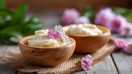 Smooth shea butter wooden bowls, creamy texture natural origin, beauty wellness evoking feelings, self-care skincare routines display, organic product presentation, with copy space