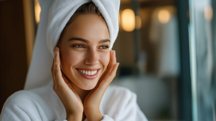 Reflection woman in mirror, bathroom beauty routine moment, self-care inspection activity, personal grooming display, skincare preparation scene, with copy space