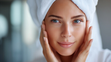 Reflection woman in mirror, bathroom beauty routine moment, self-care inspection activity, personal grooming display, skincare preparation scene, with copy space