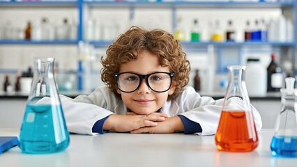 Young boy in laboratory coat with glasses, smiling and leaning on table, surrounded by colorful beakers, showcasing enthusiasm for chemistry and science exploration