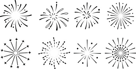 Obraz premium Festive firework icons hand drawn starbursts and firecrackers for holiday and party design