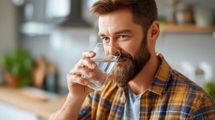 Man casual wear drinks water, modern kitchen moment recharge, stays hydrated maintain focus, wellness productivity daily lifestyle, healthy habit display, with copy space