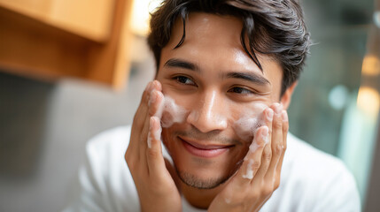 Asian man washing face cleanser, bathroom mirror skincare routine, beauty self-care grooming activity, facial cleansing treatment moment, men's wellness display, with copy space