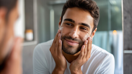 Asian man washing face cleanser, bathroom mirror skincare routine, beauty self-care grooming activity, facial cleansing treatment moment, men's wellness display, with copy space