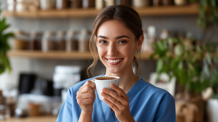 Smiling nurse enjoying relaxing coffee, break kitchen healthcare professional, self-care moment wellness display, work pause activity, refreshment rest setting, with copy space