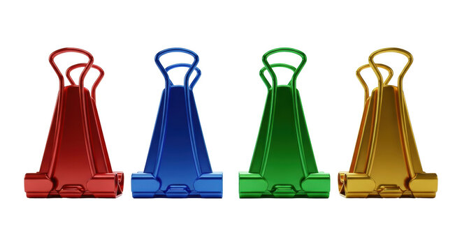 four dramatically oversized, hyper-saturated metal binder clips (red, blue, green, yellow) aligned on a high-key white cyc wall, commercial precision concept of business efficiency