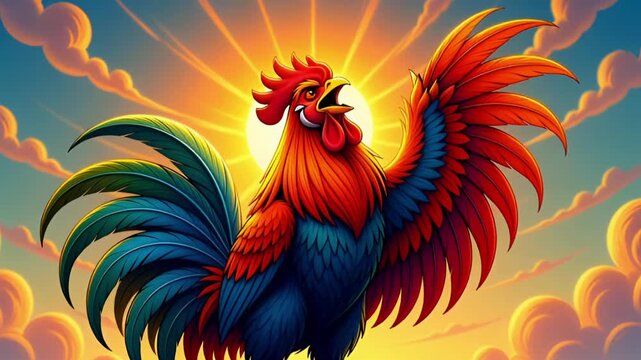 A cartoon rooster stands proudly with feathers spread wide while crowing at sunrise surrounded by vibrant clouds suitable for kids story animation or learning visuals