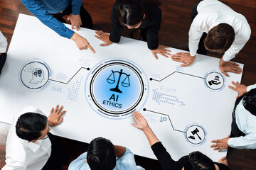 A diverse group of professionals engages in a thoughtful discussion on AI ethics, using modern graphics to illustrate key concepts like justice and responsibility. Trope