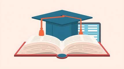 Graduation Cap on Open Book with Digital Screen Online Education Illustration