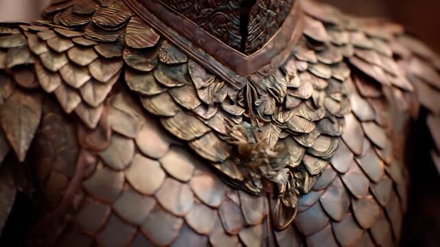 Close-up showcases a detailed chest armor, featuring overlapping leaf-shaped metal scales with a detailed pattern in a bronze tone